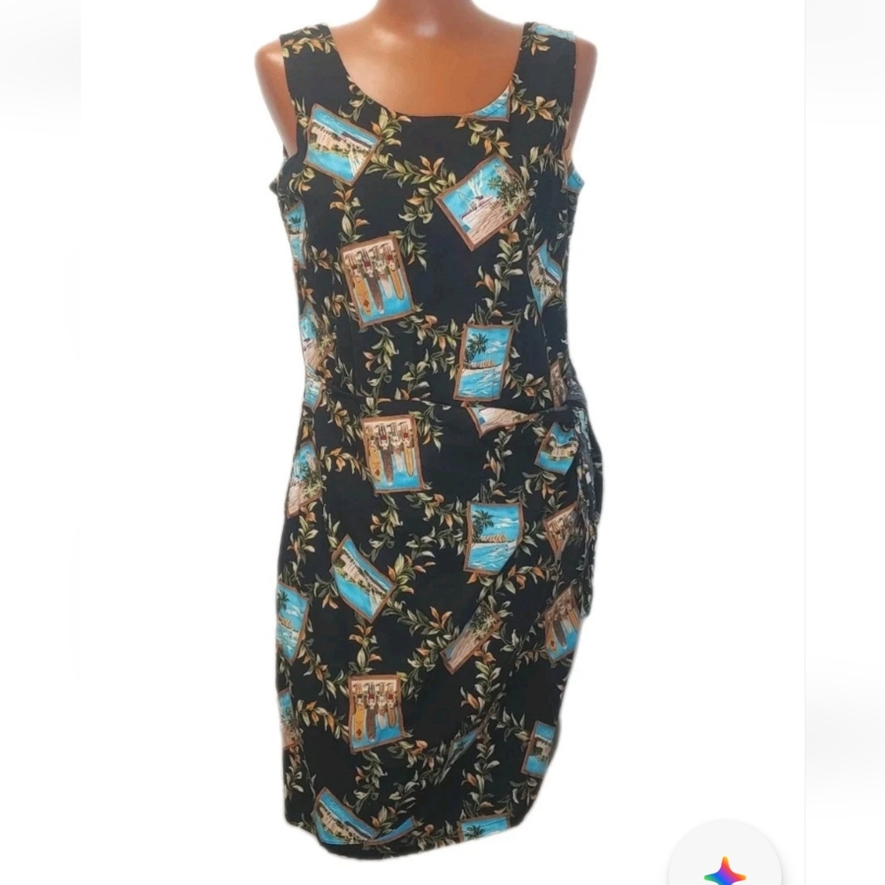 Hilo Hatties Hawaiian Mini Dress Woman Med Faux Wrap Side Tie Black Beachy USA